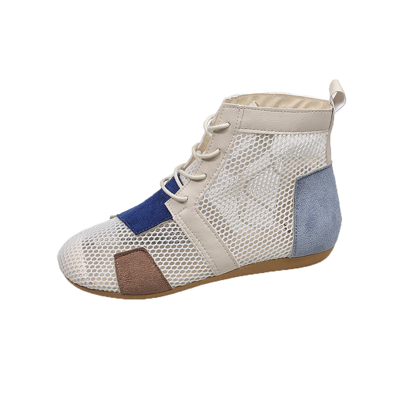 Fashionable high-top booties made of mesh with color-block accents in multiple colors